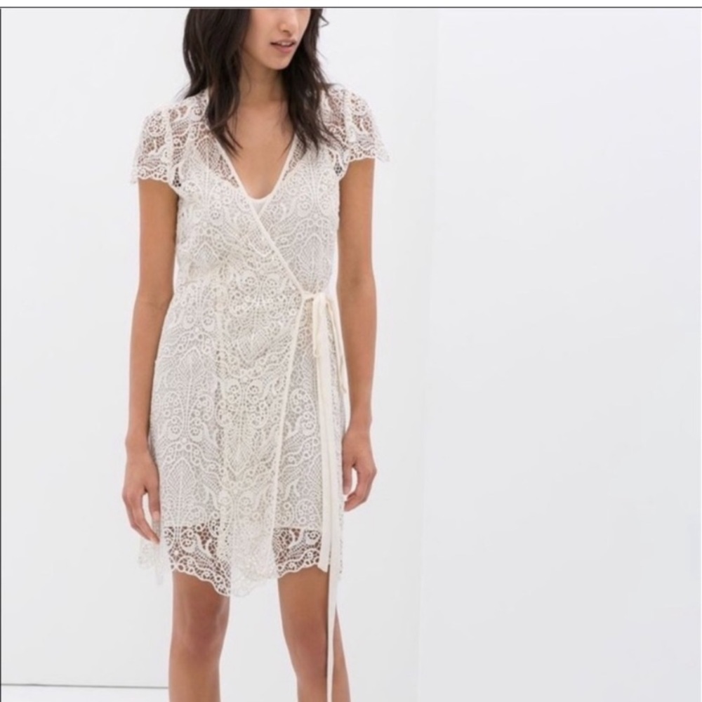 Zara Crochet Cap Sleeve Wrap Dress in Ivory
